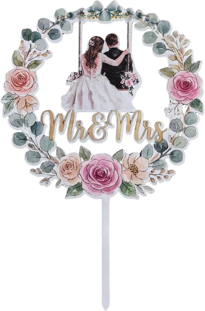 Mr and Mrs Cake Topper - 10 Inches Bride & Groom Wedding Cake Toppers, Rustic Wedding Decor Cool Gifts for Bridal Shower, Engagement (White-swing Couple)