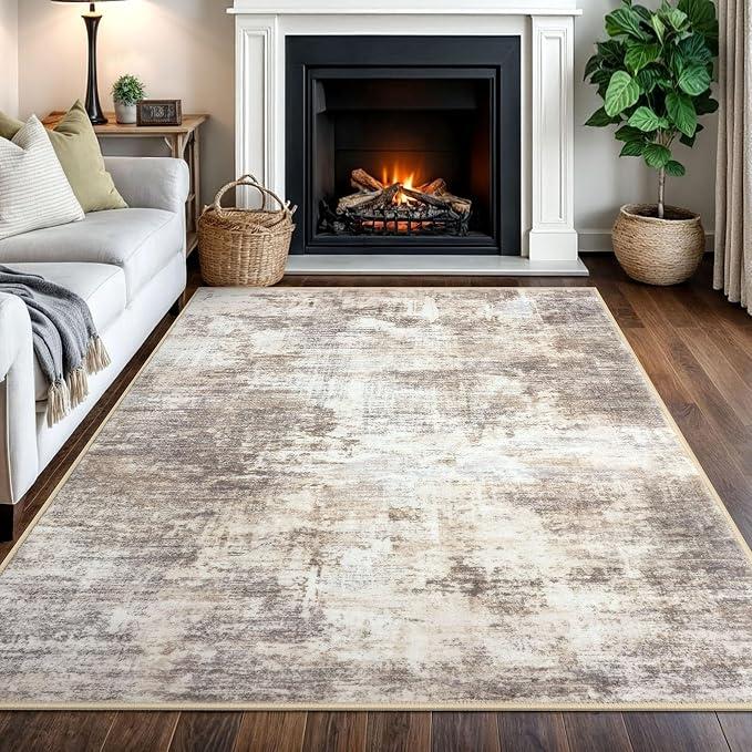 Abstract Area Rugs 5x7 Ft Washable Rugs for Living Room, Non Slip Dining Room Rug, Printed Faux Wool Rugs for Bedroom, Floor Carpet for Office Nursery Playroom, Beige Brown