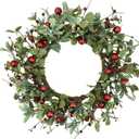 YNYLCHMX 20 Inch Christmas Wreath for Front Door, Winter Wreath with Welcome Sign Eucalyptus leaves Red Berry, Artificial Door Xmas Wreaths for Window Wall Fireplace Farmhouse Holiday Party Decoration