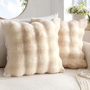 MIULEE Faux Fur Pillow Covers Thick Soft Plush Throw Pillows Luxury Spring Home Decor for Couch Bed Bedroom Living Room Sofa,18x18 Inch Pack of 2 Beige