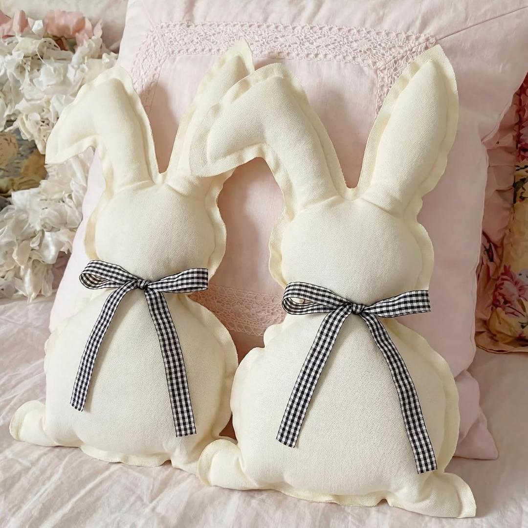 2 Pcs Easter Bunny Throw Pillows Cute Rabbit Shaped Cotton-Linen Decorative Pillows with Plaid Bow Tie Farmhouse Easter Home Decor for Bedroom Sofa Couch Birthday Gift Ideas (16.9x9.8 Inches)