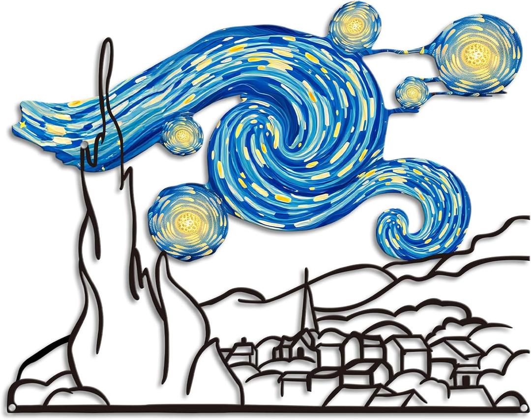 Kas Home The Starry Night Van Gogh Metal Wall Decor, Classic Painting Wall Art Abstract Artwork Prints for Home Bedroom Living Room Office Housewarming Gift (8L" x 15.7W")