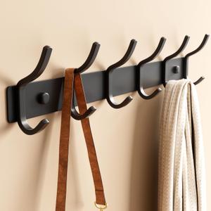 Black Coat Rack Wall Mount - 15 Inch Arc Shaped Design with 6 Hooks for Hanging Coats, Bags, and Towels in Entryway, Livingroom, Bedroom, Bathroom, and Kitchen, 1 Pack