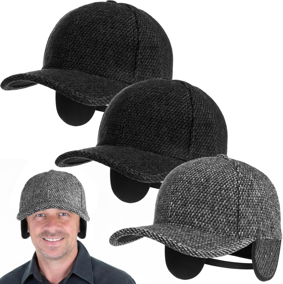Coume 3 Pack Winter Baseball Cap with Ear Flaps Baseball Winter Hats with Earmuffs for Men Outdoor Sports Running (Dark Gray, Light Gray)