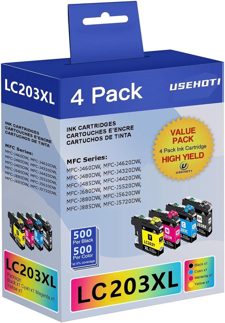 LC203XL Ink Compatible for Brother LC203 Ink Cartridges Work with Brother MFC-J480DW MFC-J880DW MFC-J4420DW MFC-J680DW Printer (Black Cyan Magenta Yellow, 4 Pack)