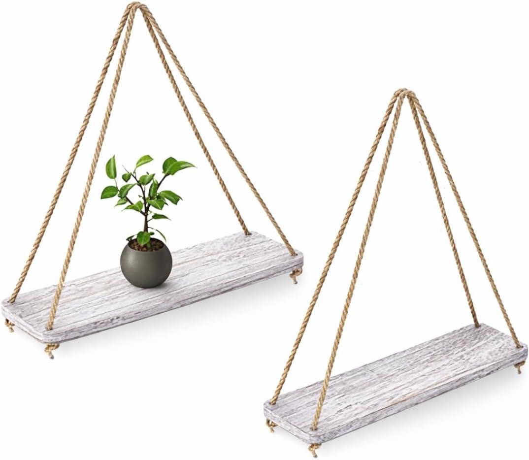 Comfify Hanging Shelves for Wall - Set of 2 Rustic Farmhouse Boho Shelves with String 17x5.2 Thick Distressed, Torched Look Real Wood - Rustic White