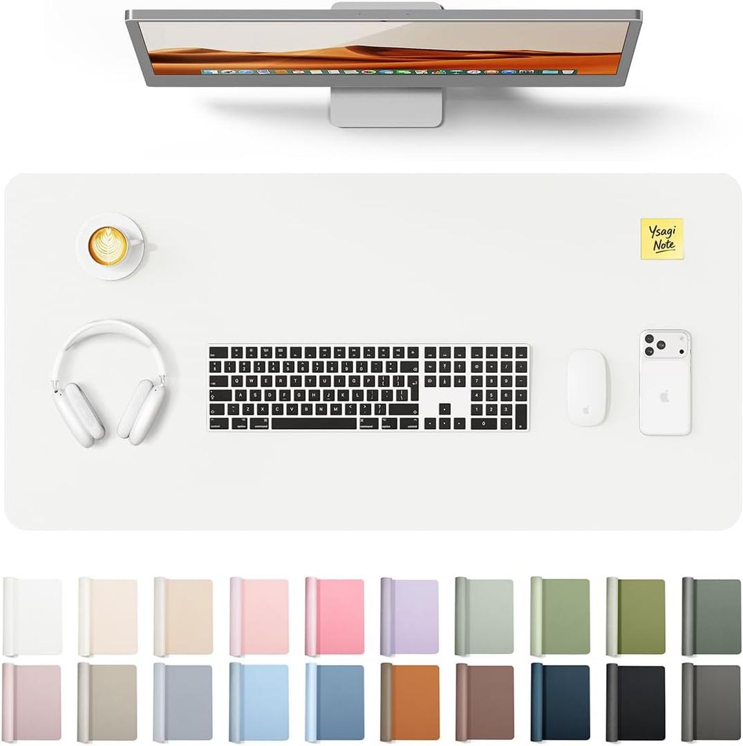 YSAGi Leather Desk Protector, Office Mat, Large Mouse Mat, Non-Slip PU Leather Blotter, Laptop Desk Pad, Waterproof Writing Pad for Office and Home (White, 35.4" x 17")