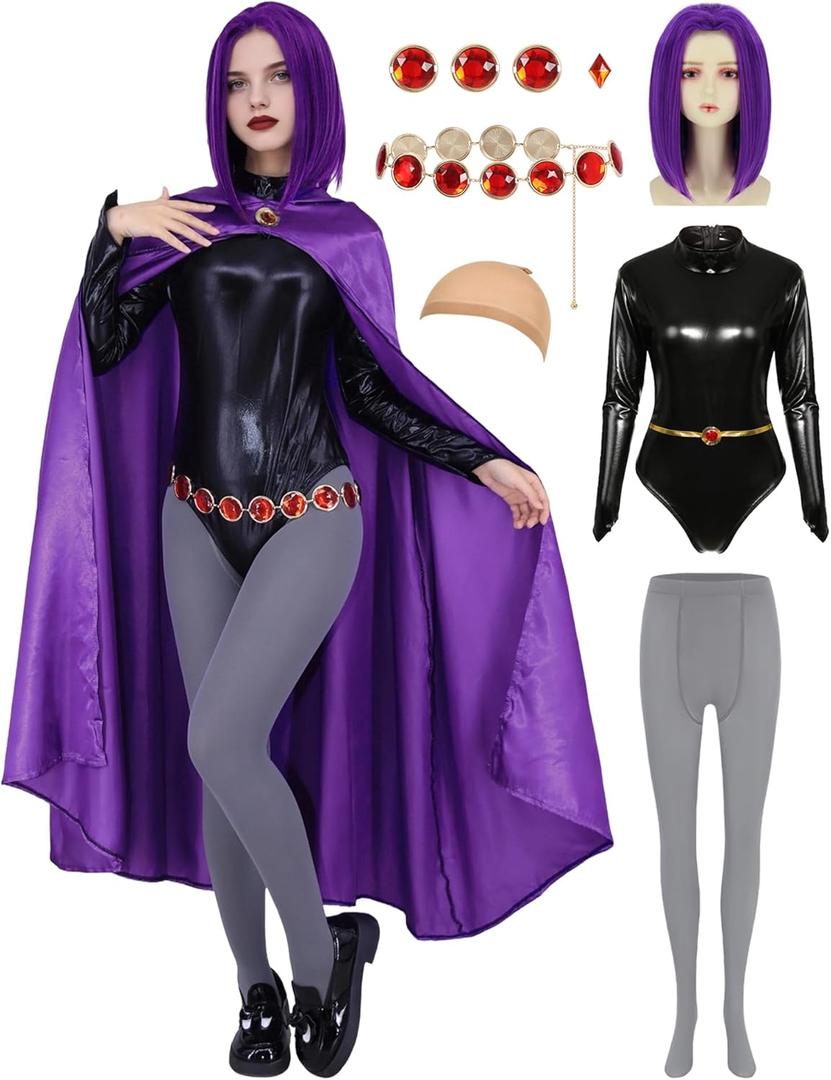 Adult Halloween Costumes Women Purple Hooded Cape with Wig Bodysuit Belt Gemstone Anime Cosplay Party Outfit (Large)