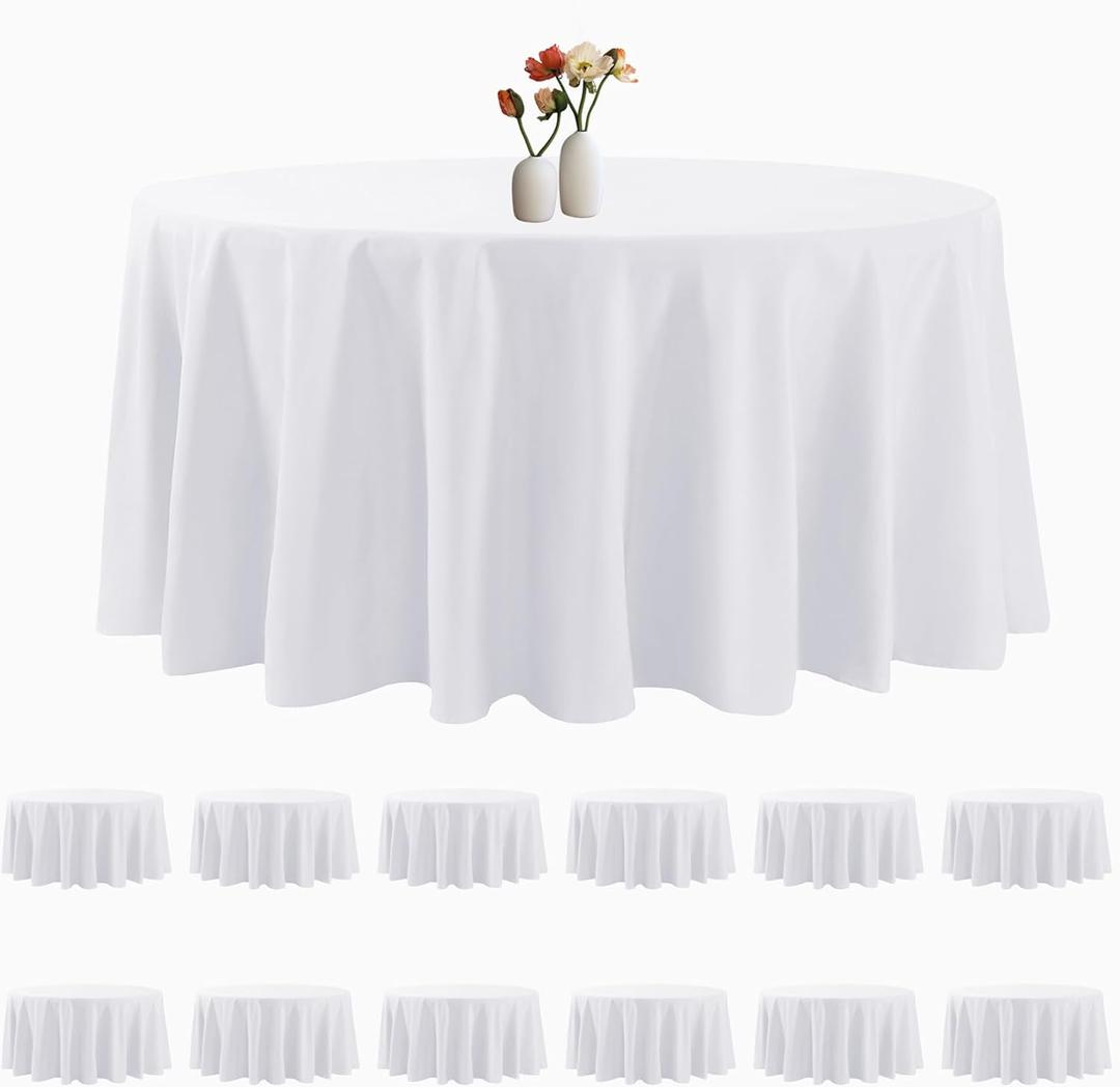 12 Pack Round Tablecloth 132 Inches White Table Cloth Stain and Wrinkle Resistant Washable Polyester Fabric Table Cover for Party, Wedding and Banquet Decoration