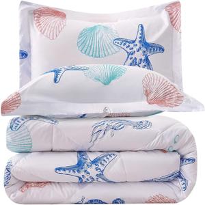 JSD Beach Theme Kids Comforter Set Full Size, 3 Piece Jellyfish Starfish Shell Printed Comforter with Pillow Shams, Lightweight All Season Washable