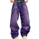 SHENHE Men's Wide Leg Jeans Vintage Baggy Jeans Casual Loose Fit Denim Pants with Pockets Purple Medium
