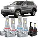 Compatible For Jeep Grand Cherokee High and Low Beams Fog Lights Bulbs 1999 2000 2001 2002 2003 2004 2005 2006 2007 2008 2009 2010, 6000K White, 20000LM 800% Brightness, Plug n Play, 6PCS
