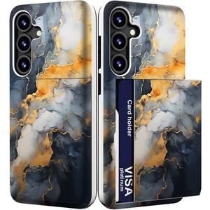 Compatible with Samsung Galaxy S24 Plus & S25 Plus Case Cute with Card Holder/Slim Slot Wallet Phone Case for S24+ & S25+ / Grey Yellow Marble Natural Stone Swirls Painting