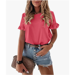 PRETTYGARDEN Women's Short Sleeve Casual T Shirts Summer Ruffle Plain Round Neck Loose Fit Tee Blouse Tops-XS