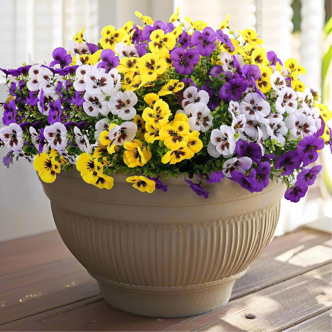 Rowfad 36 Pcs Artificial Fake Pansy Flowers for Outdoor, Faux Silk Pansies Spring Flowers for Outside for Planter Front Door Porch Yard Patio Window Box Home Decor (36, Purple, Yellow, White)