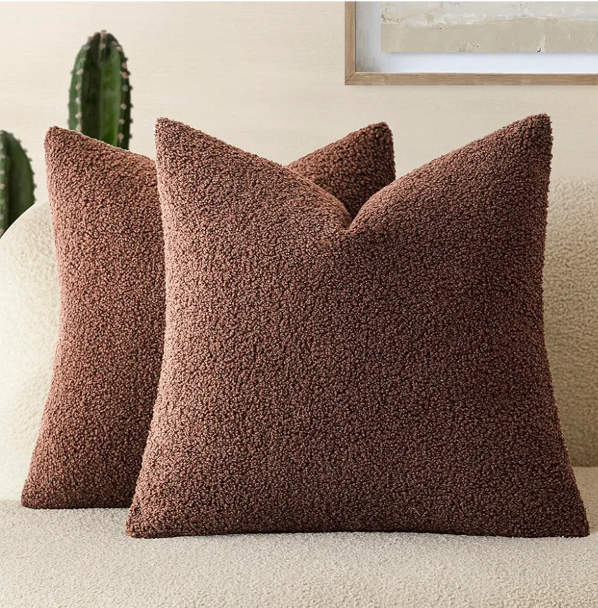 Foindtower Pack of 2, Curly Faux Fur Decorative Throw Pillow Covers Soft Fuzzy Plush Cushion Case with Zipper Cozy Pillowcase for Home Living Room Couch Bed Sofa 18 x 18 Inch,Red Brown