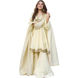 Women's Chinnon Silk Embroidery Salwar Suit Set Kurta Pant with Dupatta (Beige, L)