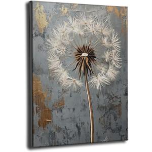 Dandelion Canvas Wall Art Rustic Grey Background Farmhouse Decor Modern Abstract Floral Artwork for Kitchen Baby Nursery Spa Bathroom Serenity Wall Decor (Dandelion, 16x24 inch, Wrapped Canvas)