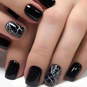 2 x Black Press-On Short Square Fake Nails With Design - Solid Color Stick-On Cracks False Full Cover Glue-On Reusable Glossy Acrylic for Women Girls Manicure - 24pcs