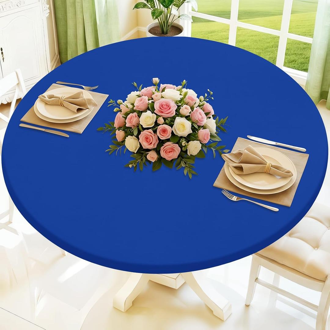 Moosfor Round Spandex Tablecloth, Elastic Fitted Waterproof Tablecloths for 18"-24" Tables, Stretch Washable Picnic Table Cover for Camping, Dining, Indoor and Outdoor, Blue