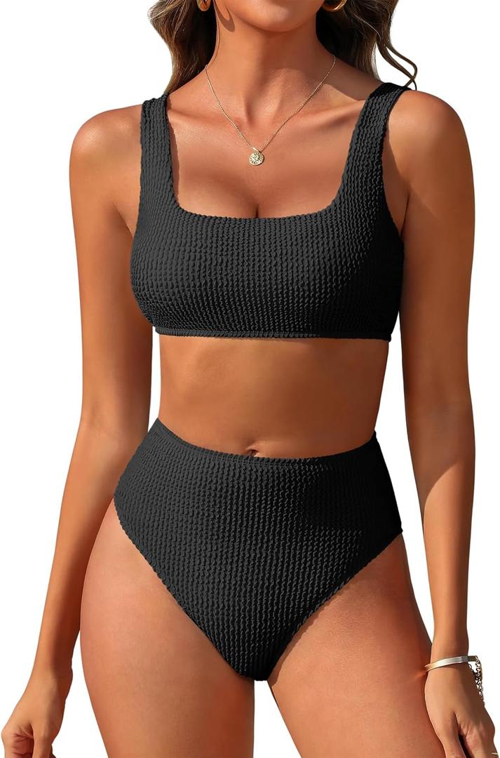 ANRABESS Women Swimsuits Two Piece Bikini Set High Waisted Ribbed Tummy Control Modest Bathing Suits 2025 Beach Swim Wear (Medium, Black)