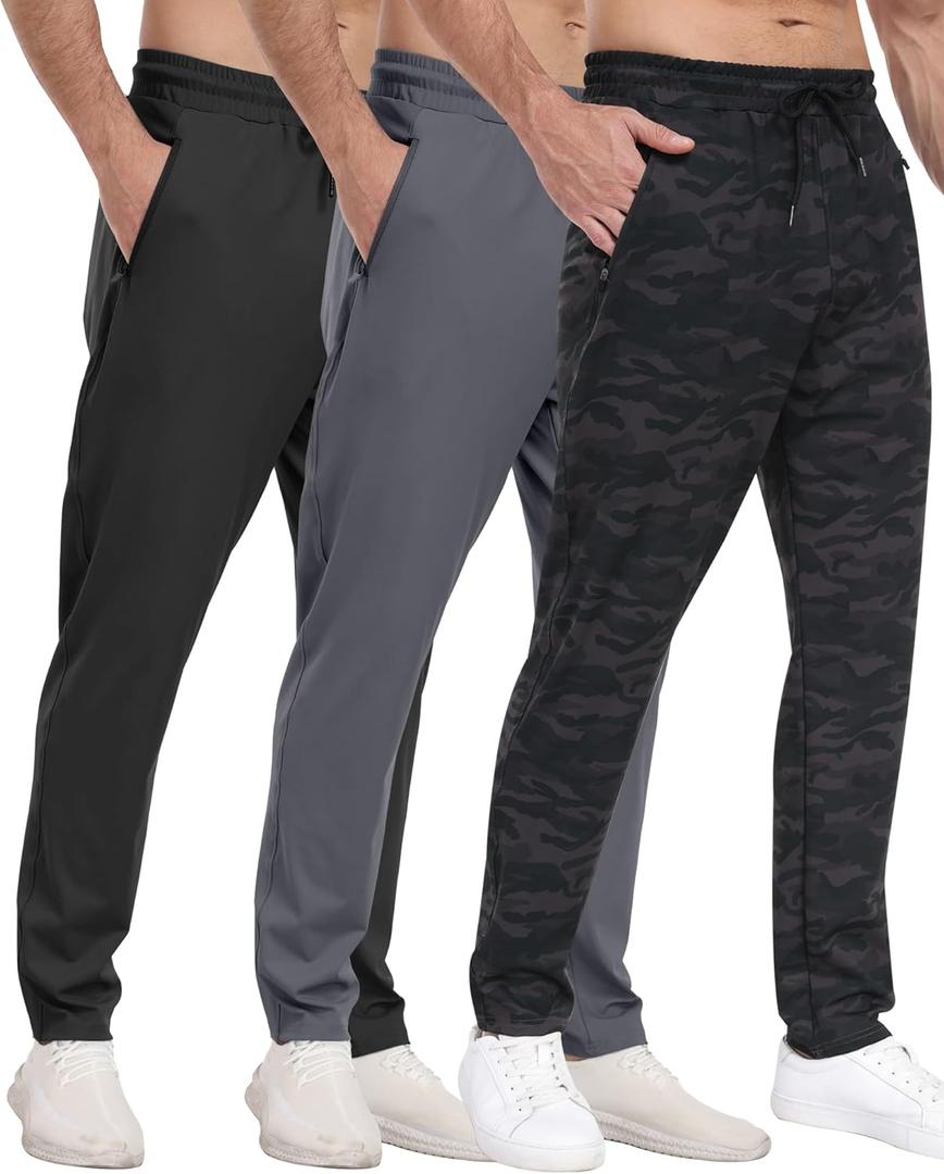 3 Pack Mens Athletic Sweatpants with Zipper Pockets,Workout Gym Joggers Pants for Men Running Jogging Pants (Small, 3 Packs-black/Dark Gray/Camouflage Gray)