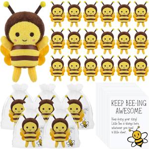 RoundFunny 24 Sets 5 Inch Stuffed Bees Soft Small Bee Stuffed Animal Honeybee Keychains with Inspirational Cards and Organza Bags for Birthday Party Favors