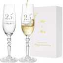 25th Anniversary Decorations Gifts for Couple, Classical Style 25th Wedding Anniversary Champagne Flutes Glasses, Crystal Champagne Glasses Set of 2, Gifts for husband, wife, Couple (Silver)