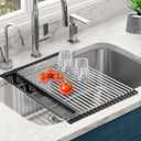 Roll Up Dish Drying Rack,Expandable Over The Sink Dish Drainer,Stainless Steel Kitchen Rolling Sink Rack with Utensil Holder,Length Up to 22.3" (Black, Large)