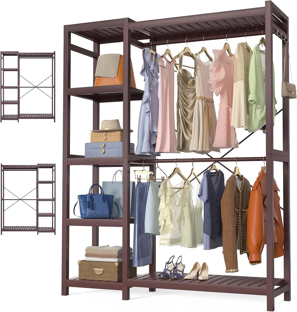Homykic Bamboo Clothes Rack Garment Rack for Hanging Clothes, Heavy Duty Clothing Rack with 7 Tiers Adjustable Shelves, Double Rods, 4 Hooks, Freestanding Closet System Organizer Wardrobe, Espresso