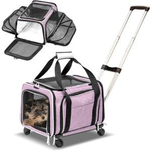 RUFF LIFE 101 Airline Approved Expandable Premium Pet Carrier on Wheels- Two Sided Rolling Carrier- Designed for Dogs & Cats- Extra Spacious Soft Lined Carrier! - Pink (RL- Pet Carrier Wheels)