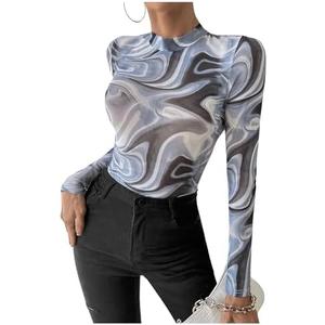 Milumia Women's Marble Print Mesh Sheer Mock Neck Long Sleeve Bodysuits Fitted Tops, medium Milumia Women's Marble Print Mesh Sheer Mock Neck Long Sleeve Bodysuits Fitted Tops, medium