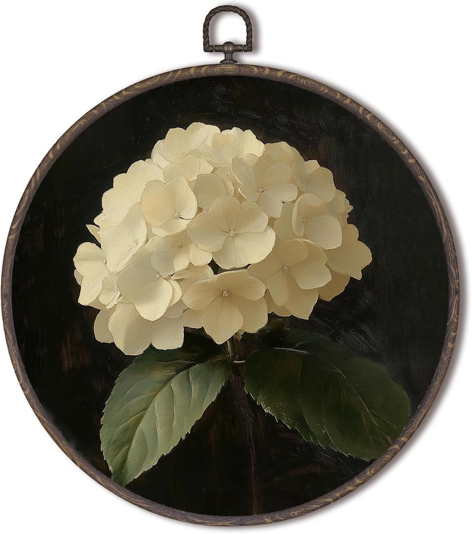 XNXLDYLH Vintage Dark Hydrangea Floral Round Framed Wall Art Decor, Moody Cottagecore Antique Gallery Hanging Wall Decor Decorations, Dark Academia Floral Canvas Prints Wall Art Paintings, 10x10 Inch
