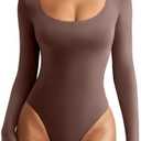 REORIA Women's Sexy Basic Scoop Neck Long Sleeve Double Lined Layering Slim Bodysuit Tops. Size M.