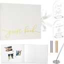 Linen Wedding Guest Book Set 2026 Photo Reception Guestbook Hard Cover 50 Pages with 2 Acrylic Wedding Signs 5 Sheets Photo Corners Stickers 1 Set Silver Pen for Bridal Shower(Classic Beige)