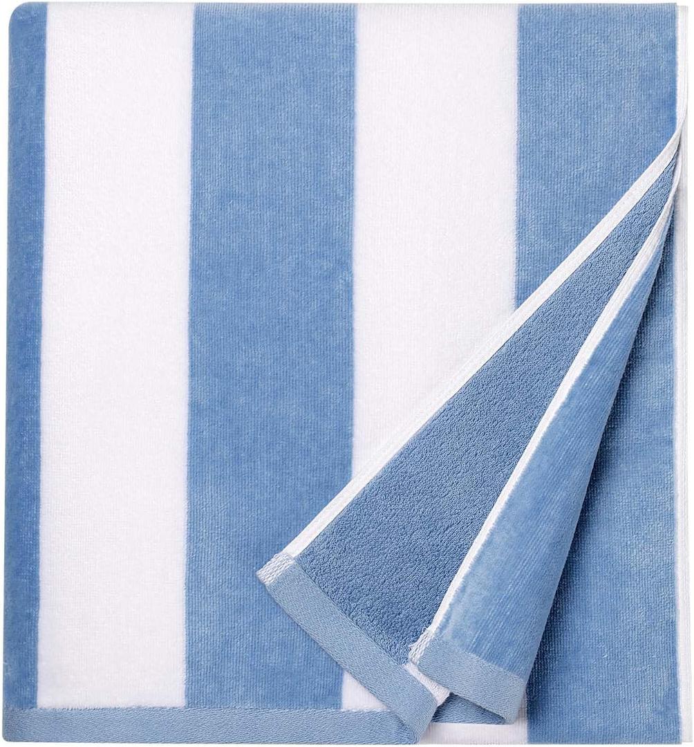 CLOWOOD Cotton Oversized Beach Towel - Large 35 x 70 in Striped Pool Towel, Soft Velour Big Cabana Swimming Towel (Alaskan Blue)