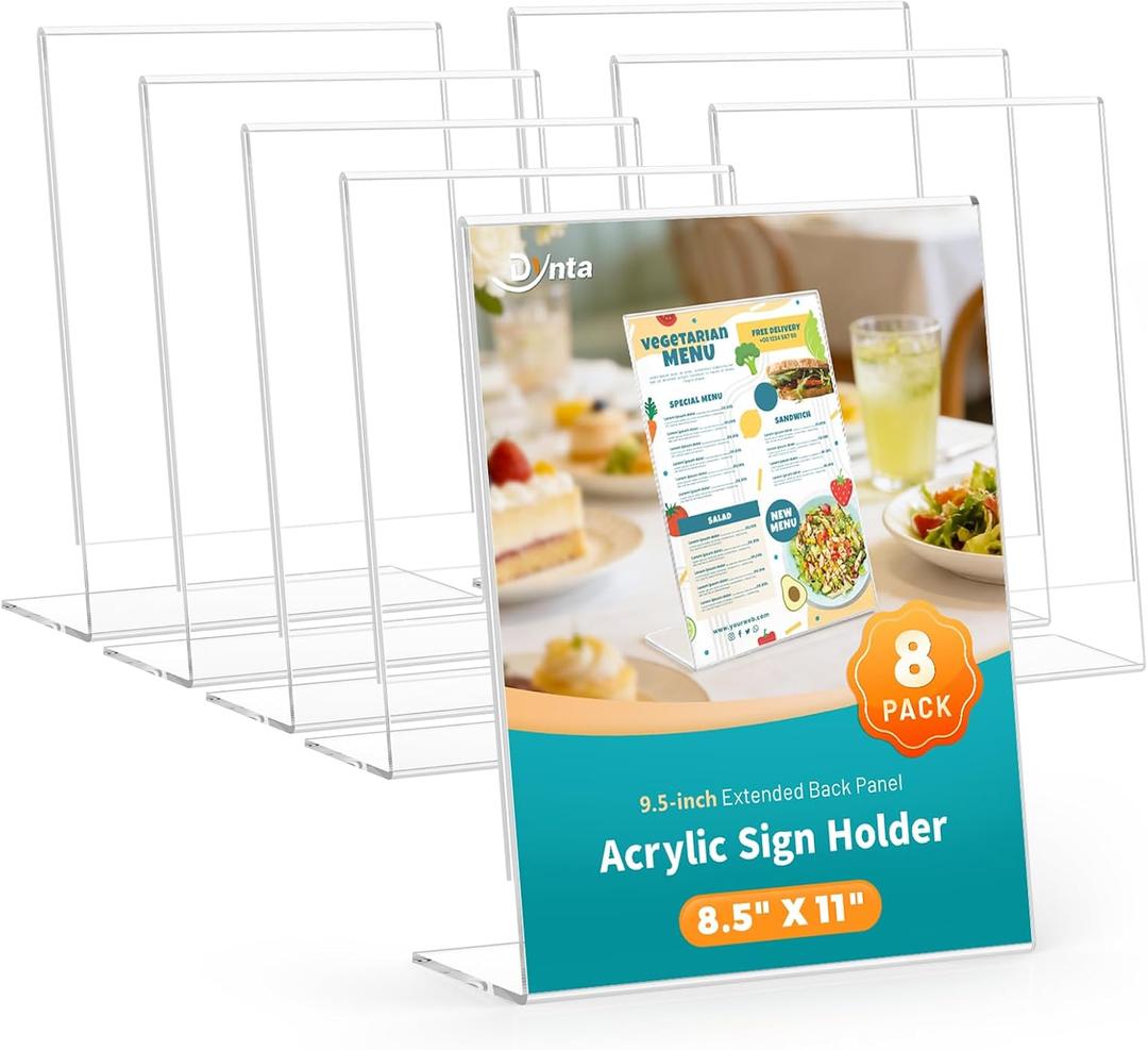 Dynta Acrylic Sign Holder 8.5 x 11 Inches, 8 Pack Clear Plastic L-shape Vertical Paper Holder, Table Display Stand for Event, Office, Store, Business, Party