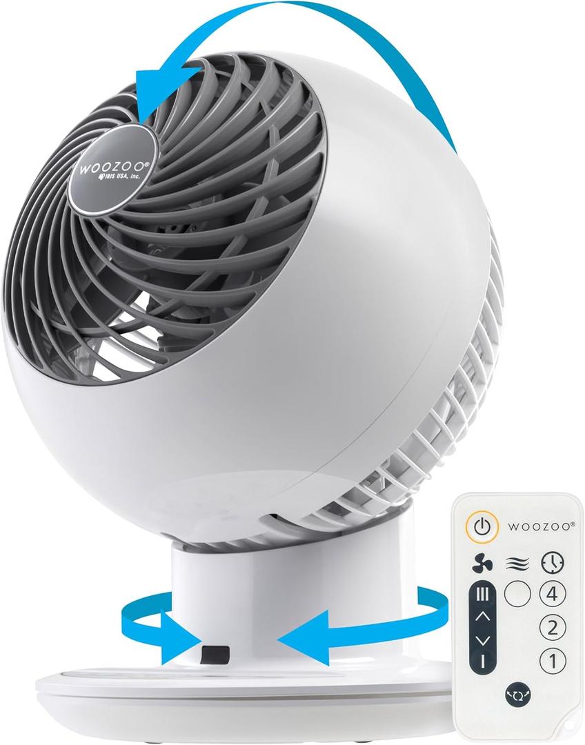 IRIS USA WOOZOO Air Circulator Fan with Remote, Oscillating, 5 Speeds, 82ft Max Air Distance, 90 Adjustable Tilt, 30db Quiet Motor, Small Fan for Bedroom, Office, Dorm, White