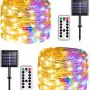 JMEXSUSS 2 Pack Solar Christmas Lights Outdoor Waterproof, 100 LED 33ft Warm White and Multicolor Color Changing Solar Fairy Lights, Copper Wire Solar String Lights for Outside Christmas Decorations