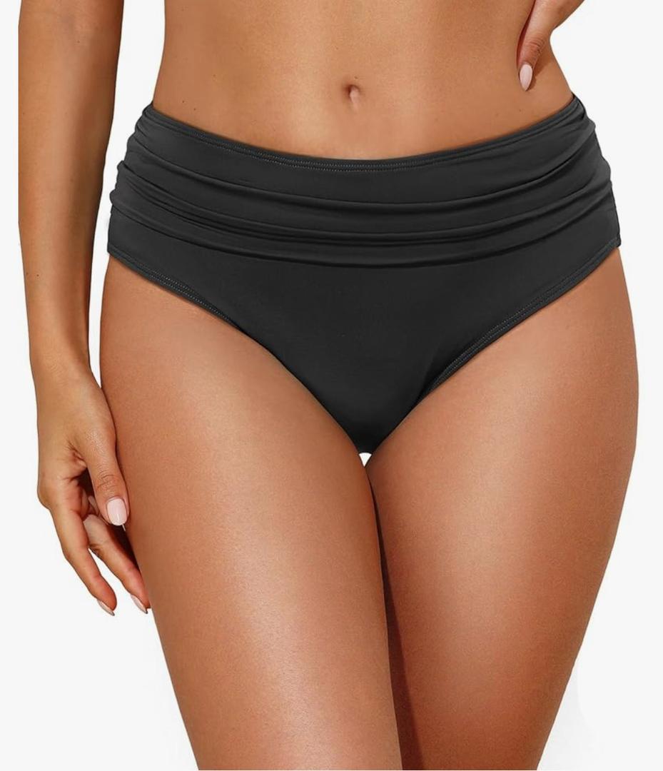 Tempt Me Women Mid Rise Bikini Bottoms Full Coverage Swimsuit Ruched Scrunch Swim Bottom, Large