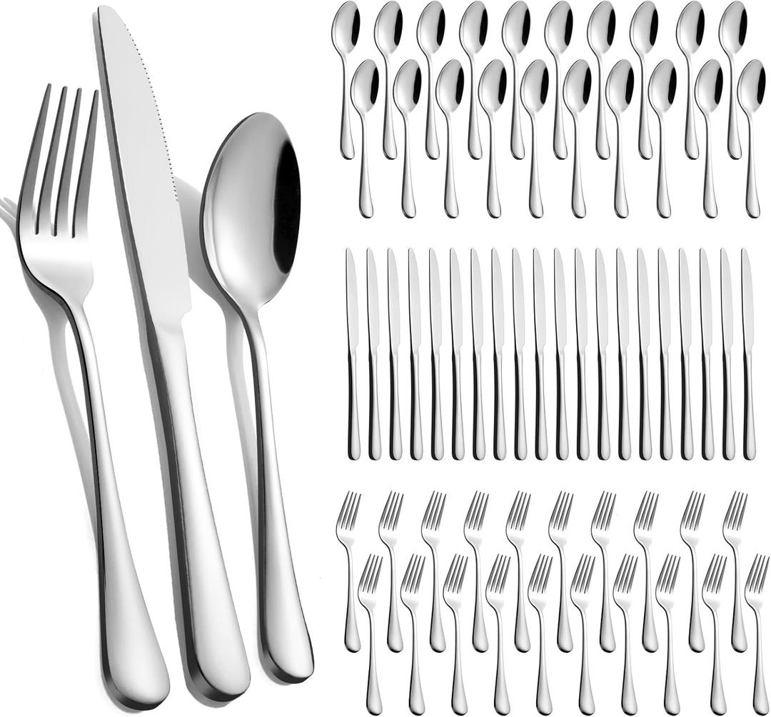 60-Piece Silverware Set for 20 - Stainless Steel Flatware Cutlery Set, Mirror Polished Flatware Set Include Forks Spoons Knives for Home Wedding Restaurant, Dishwasher Safe, Silver, 60 PCS