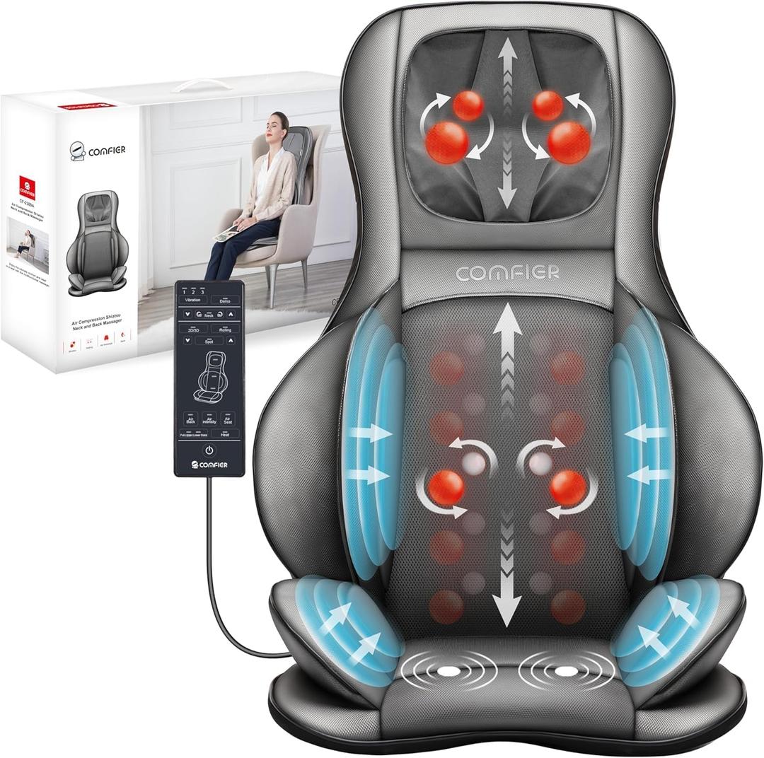 COMFIER Massager Chair with Heat, Shiatsu Neck Back Massager Portable with Compression & Rolling, Massage Chair Pad for Neck & Back for Muscle Tension Relief