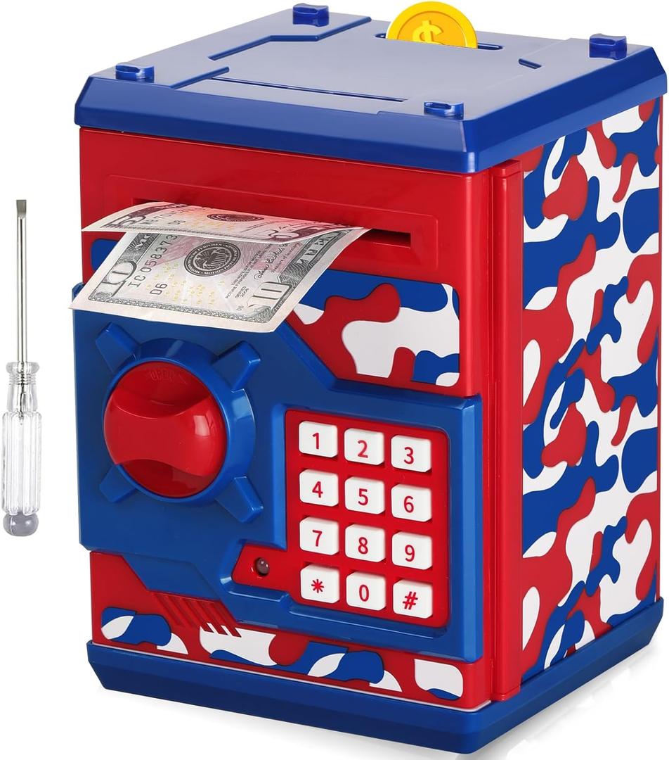 ATM Piggy Bank for Boys Girls, Vcertcpl Mini ATM Coin Bank Money Saving Box with Password, Kids Safe Money Jar for Adults with Auto Grab Bill Slot, Great Gift Toy Bank for Kids (Camouflage Red Blue)