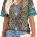 XIEERDUO Womens Summer Tops Dressy Casual Blouses for Women V Neck Short Sleeve Shirts Fashion Clothes Curved Hem Flowy (Blue, XXXL)
