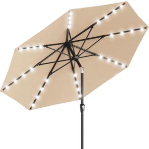 GarveeLife 10 ft Patio Umbrella with Solar Lights, 8 Ribs Outdoor Market Table Umbrella with 40 LED Lights & Tilt Crank for Pool, Deck, Backyard (Tan)