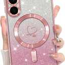 Bonoma Compatible with Samsung Galaxy S25 Plus Case Support for MagSafe, Plating Heart Glitter Magnetic Case TPU Camera Protection Back Cover for Phone Case -Pink