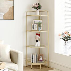 Corner Shelf Stand, Glass Bookshelf Bookcase, Bathroom Organizer, Plant Stand, Steel Frame, Tempered Glass, Modern Style for Living Room, Bathroom, Kitchen, 4-Tier Golden CS90400G Corner Shelf Stand, Glass Bookshelf Bookcase, Bathroom Organizer, Plant Stand, Steel Frame, Tempered Glass, Modern Style for Living Room, Bathroom, Kitchen, 4-Tier Golden CS90400G