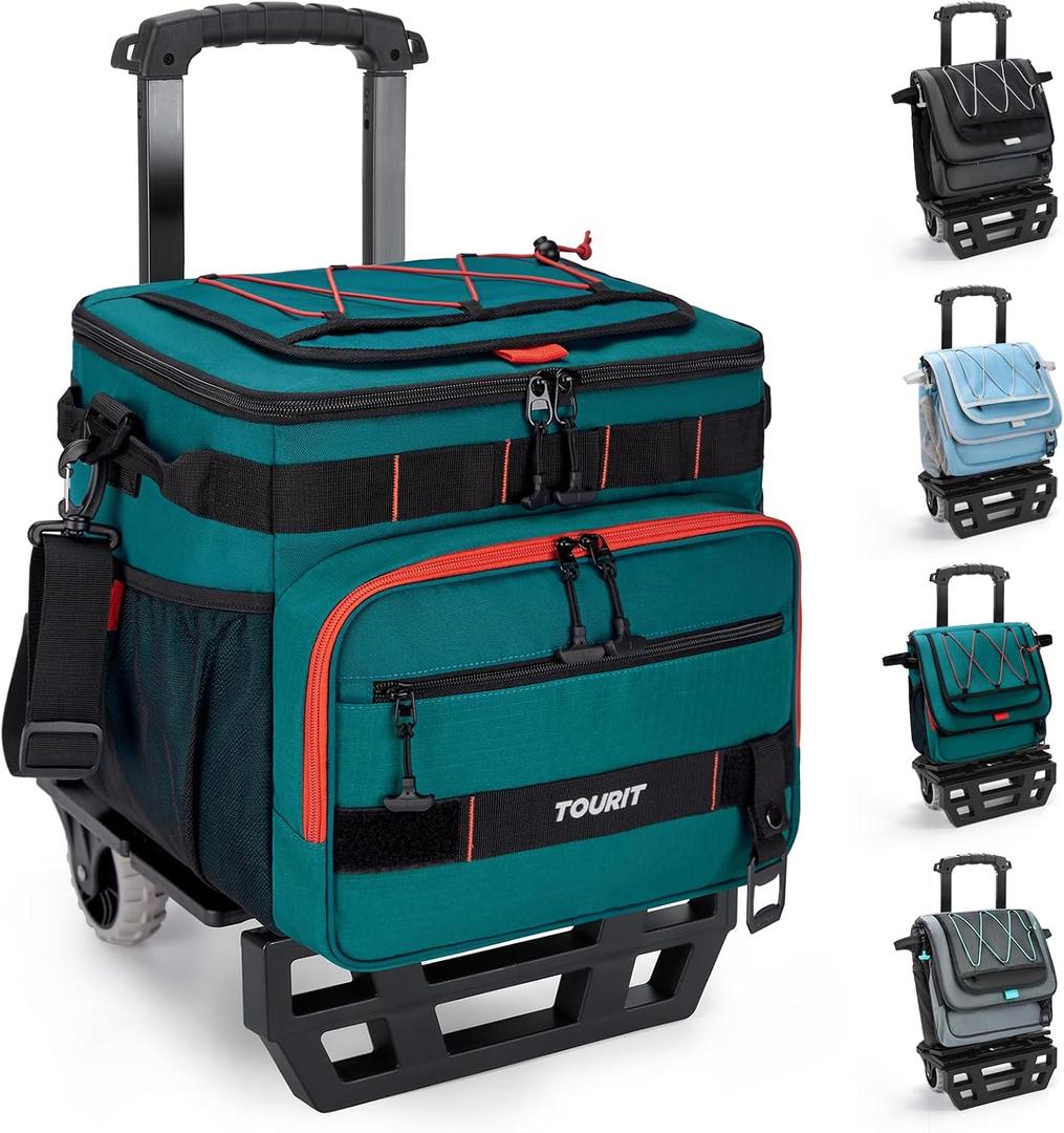 TOURIT Collapsible Cooler with Wheels, Insulated Rolling Cooler with All-Terrain Cart, Waterproof Soft Sided Cooler Bag for Beach, Picnic, Camping, Shopping, Travel