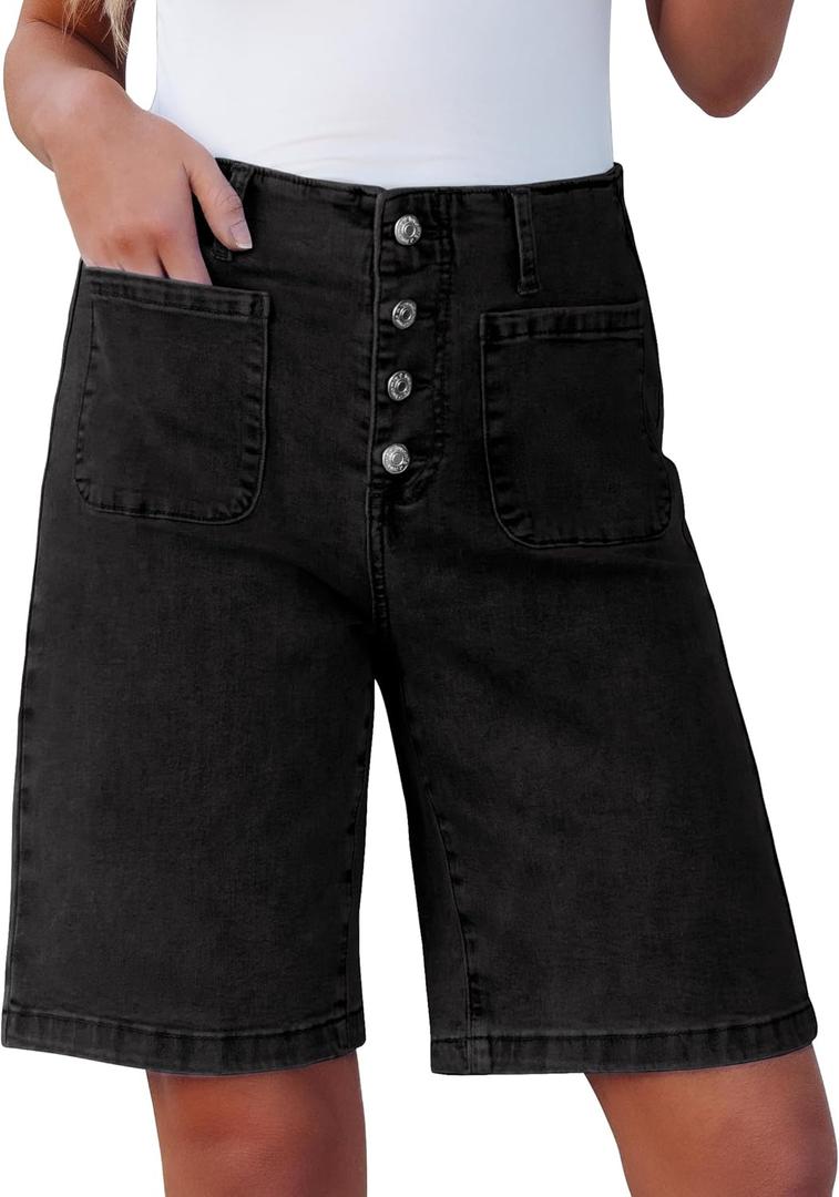 luvamia Bermuda Shorts for Women Jean High Waisted Trendy Patch Pockets Casual Summer Button Fly Stretchy Denim Shorts (Black, L)