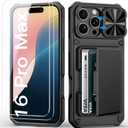 BXYJY for iPhone 16 Pro Max Case Wallet with Screen Protector (Tempered Glass), Card Holder (4-5 Cards), Slide Camera Cover, Military Grade Drop, Heavy Duty Men Women Case for iPhone 16 Pro Max, Black